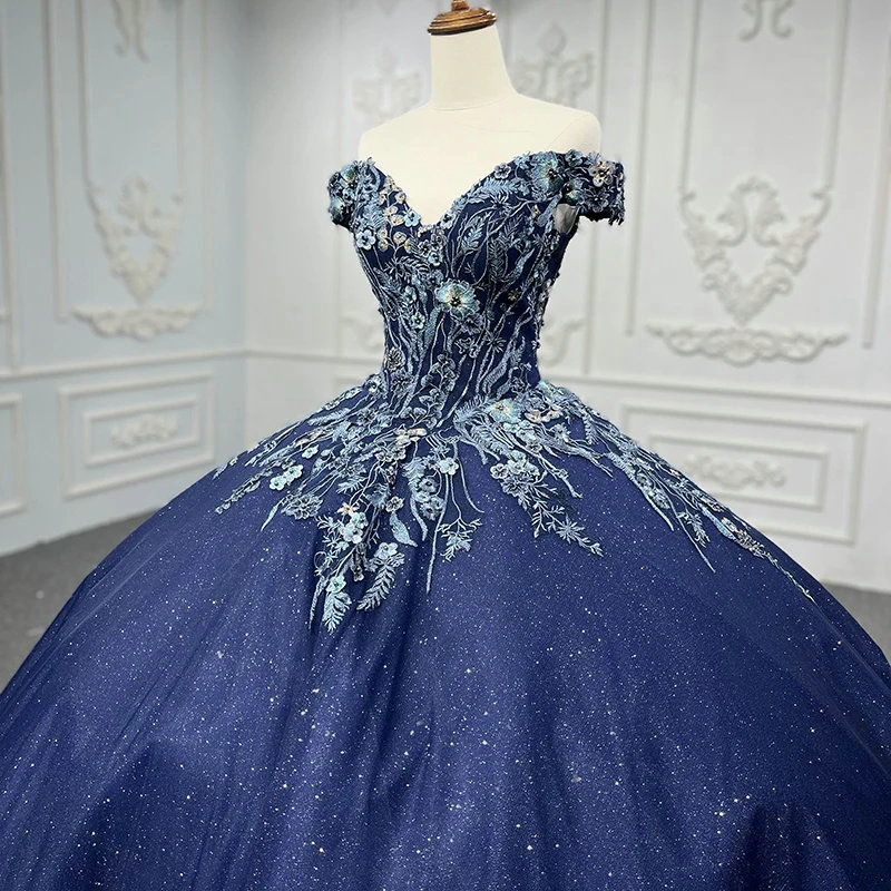 Blue Sparkly Quinceanera Dresses Embroidery Ball Gown