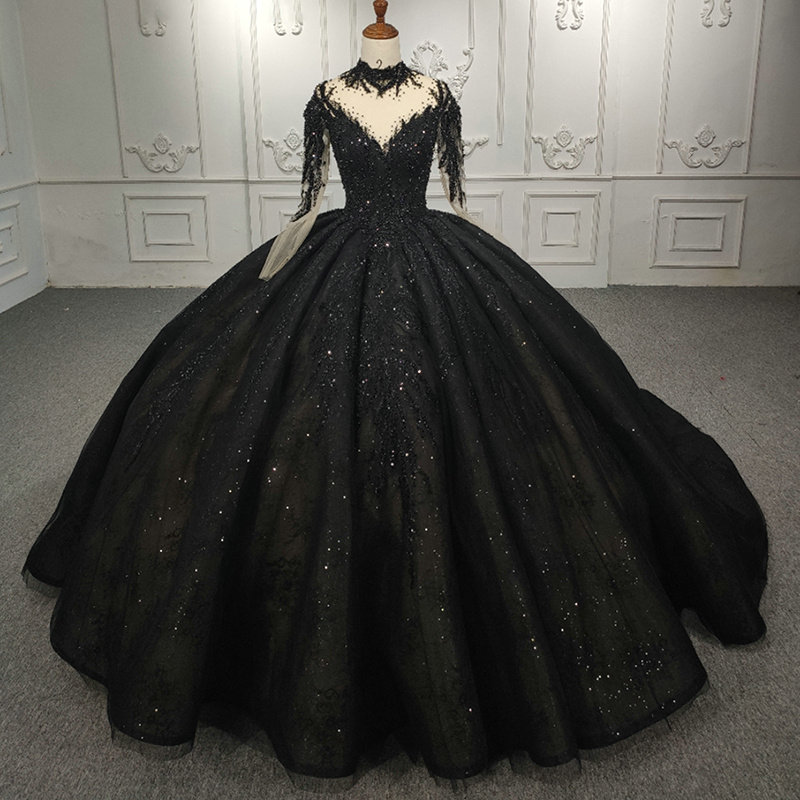 Black Wedding Gowns High Neck Long Sleeve Ball Gown