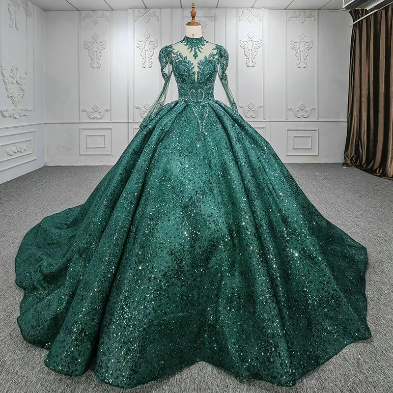 Emerald Green Bridal Gown High Neck Long Sleeve With Train