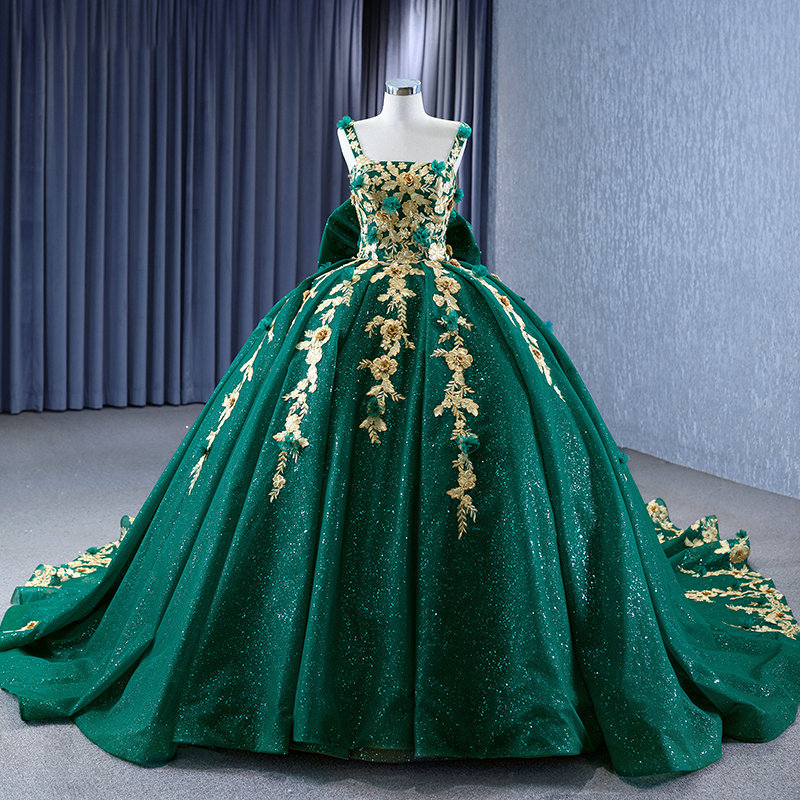 Emerald Green Wedding Gown With Gold Lace