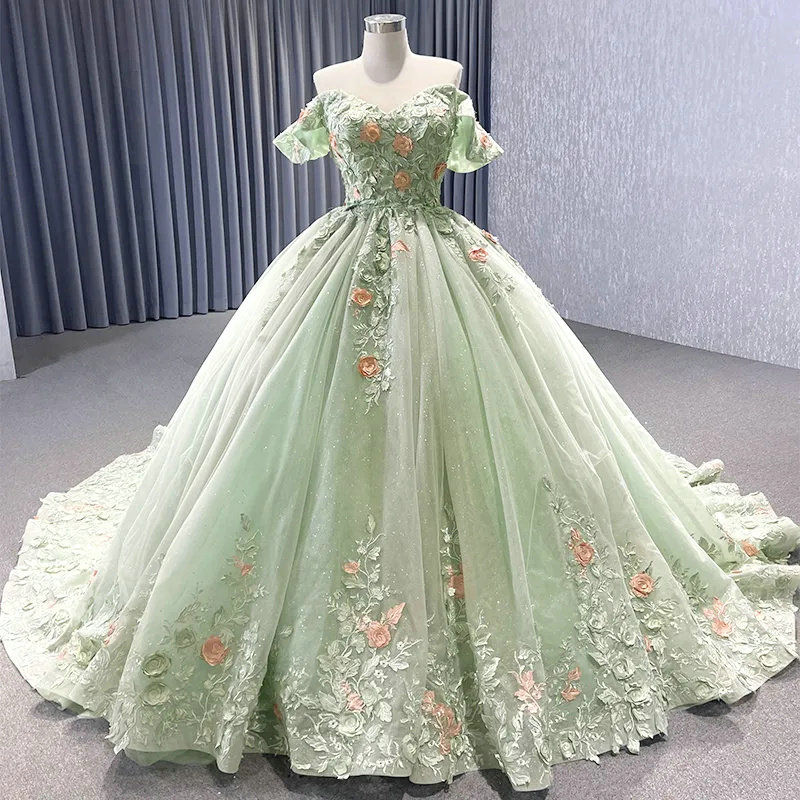 Sage Green Quinceanera Dresses 3D Floral Wedding Dress