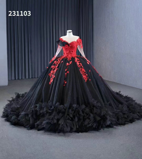 Black And Red Wedding Dresses Ball Gown With Sleeves