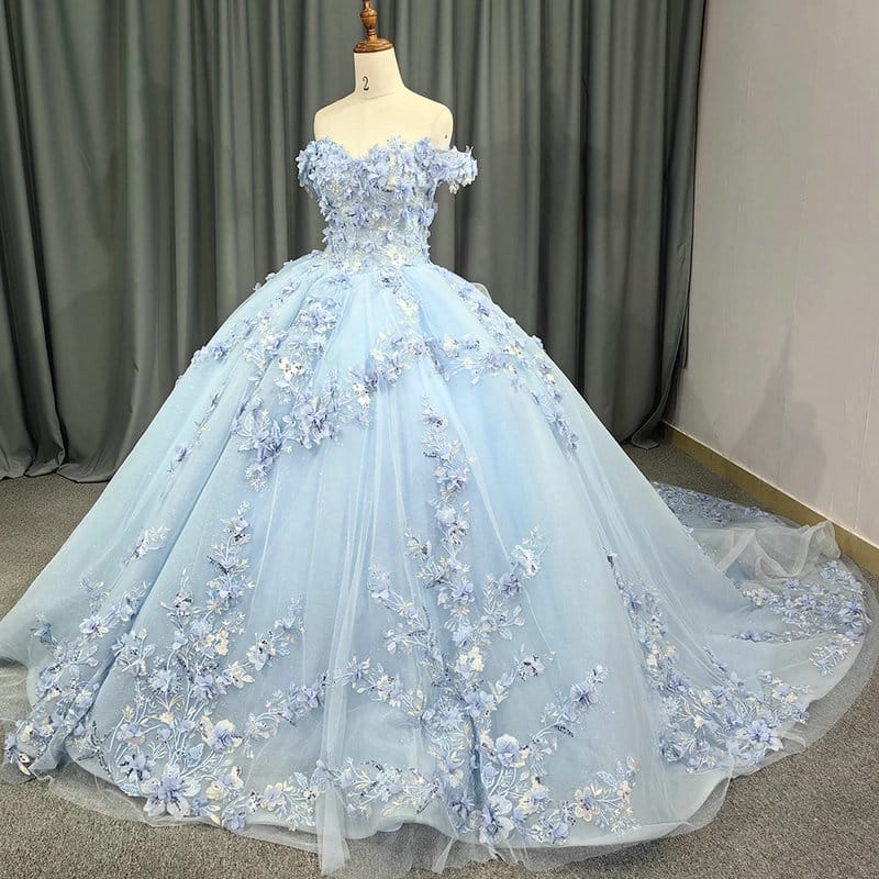 Light Blue Quinceanera Dresses With 3D Flowers Ball Gown